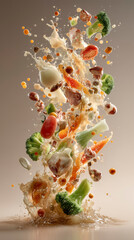 Energetic Scene Showcasing Fresh Ingredients Filtered Through Glossy Dressing In Lively Speed
