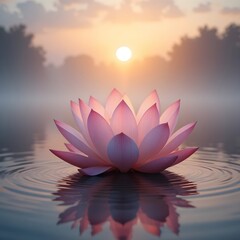Pink lotus flower blooming in serene water at sunset