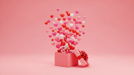 Pink gift box overflowing with hearts on valentine's day