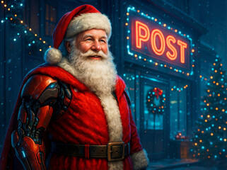 Futuristic Santa Claus with robotic arm standing in snow