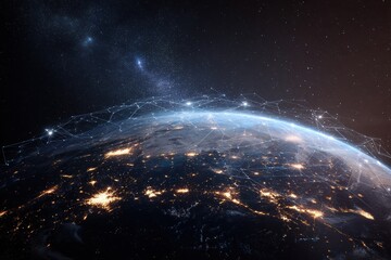 Obraz premium Connecting the world through technology and internet networks while showcasing the glow of urban areas at night from space