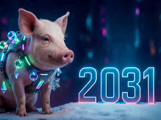 Futuristic piglet with neon lights and 2031 year number in snow