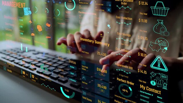 Inventory management dashboard showing supply chain performance, stock levels, order cycle times, cost reduction, and procurement ROI. Inventory tracking, and streamline warehouse efficiency. Thunk