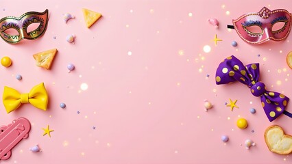 Vibrant pink background with festive masks, bows, and sweets for Mardi Gras celebration. Perfect for party decor and social media.