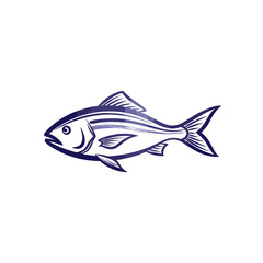 Stylized blue and white graphic illustration of a fish swimming, depicting its form and fins.