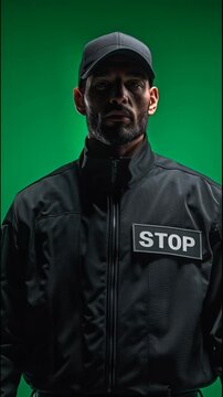 Security Guard Gesturing Stop Sign on Green Background.