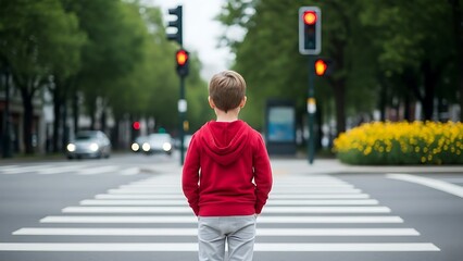 A young boy in a red shirt stands alone on a city crosswalk