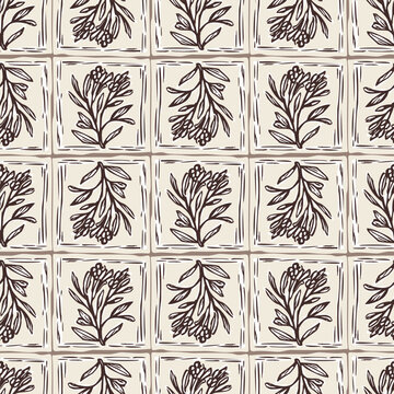 Hand drawn bold floral bloom lino cut style seamless pattern background. Flat vector stylish design wildflower motif Patchwork block print. Rustic neutral organic feel for fabric textile linen look