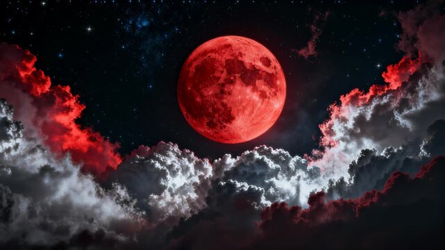 Blood moon hangs low over dense clouds with red rim lighting. A field of stars fills the night sky beyond illuminated cloud edges. High contrast tones and a moody color palette evoke a mysterious cele