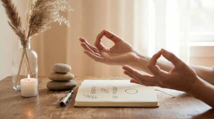 Meditation hand gesture with wellness journal and zen stones for mindfulness practice