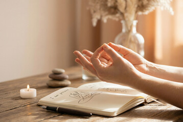 Woman meditating with journal and candle for mindfulness and self reflection practice