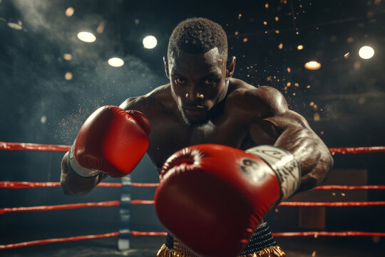 Portrait of muscular boxer wearing red gloves standing in boxing ring. Concept of strength, training, competition and motivation