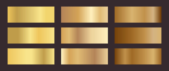 A set of swatch gold gradients. Polished metal hologram textures. Foil gradient backgrounds. Shiny champagne gold and satin bg. Rectangular soft honey gold samples for luxury and rich design