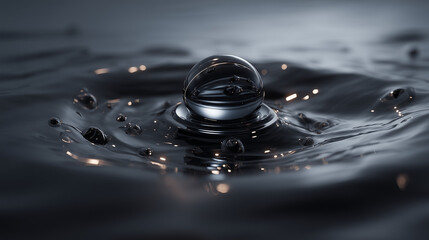 High-detail close-up of a water droplet suspended above rippling dark liquid, capturing surface tension and motion in moody lighting