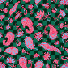 Pink, boho, hand crafted floral ornate boteh paisley seamless repeat pattern. Traditional, vector, tear drop shaped and botanical ethno motif as aop, all over print on a green checked background.