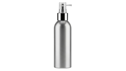 Silver metal cosmetic spray bottle standing upright, cut out, stock png, isolated on transparent background