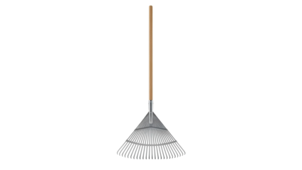 Silver metal leaf rake with wooden handle standing upright, cut out, stock png, isolated on transparent background