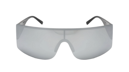 Silver futuristic shield sunglasses with mirrored lenses, cut out, stock png, isolated on transparent background