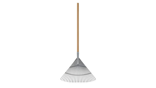 Silver metal leaf rake with wooden handle standing upright, cut out, stock png, isolated on transparent background