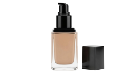 Cosmetic liquid foundation bottle with pump dispenser and cap, cut out, stock png, isolated on transparent background