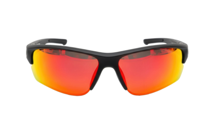 Sports sunglasses with black frame and red mirrored lenses, cut out, stock png, isolated on transparent background