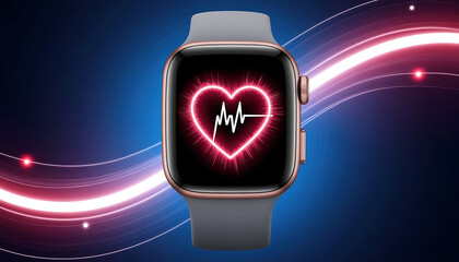 Modern smartwatch displaying heart rate monitor on a vibrant glowing background with dynamic lines