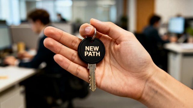 Hand holds a key with a circular NEW PATH tag in an open-plan office. Blurred coworkers and desks fill the background. The scene suggests career change, job transition, onboarding and new workplace op