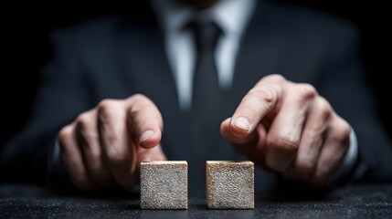 Businessman selecting wooden blocks on a table. Concept included: Decision making, business strategy, selection process, comparison, leadership, evaluation, management choices.