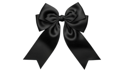 Beautiful black satin bow elegantly tied for gifts or decoration, cut out, stock png, isolated on transparent background