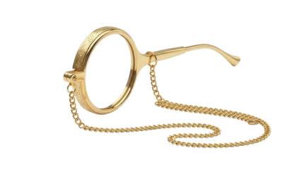 Ornate golden monocle with a chain, classic vintage eyewear accessory, cut out, stock png, isolated on transparent background