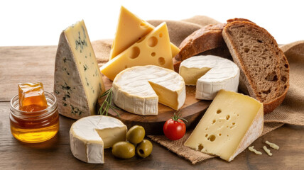 Assortment of gourmet artisan cheeses displayed with rustic bread honey and olives on wooden table