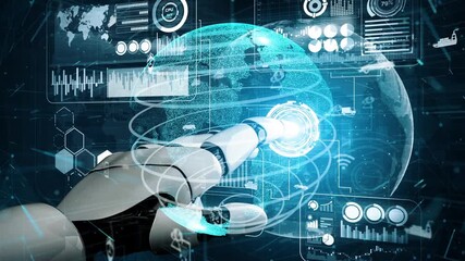 A futuristic robotic hand interacts with a digital globe surrounded by data visualizations, representing technology, artificial intelligence, and global connectivity. Xenic - Powered by Adobe