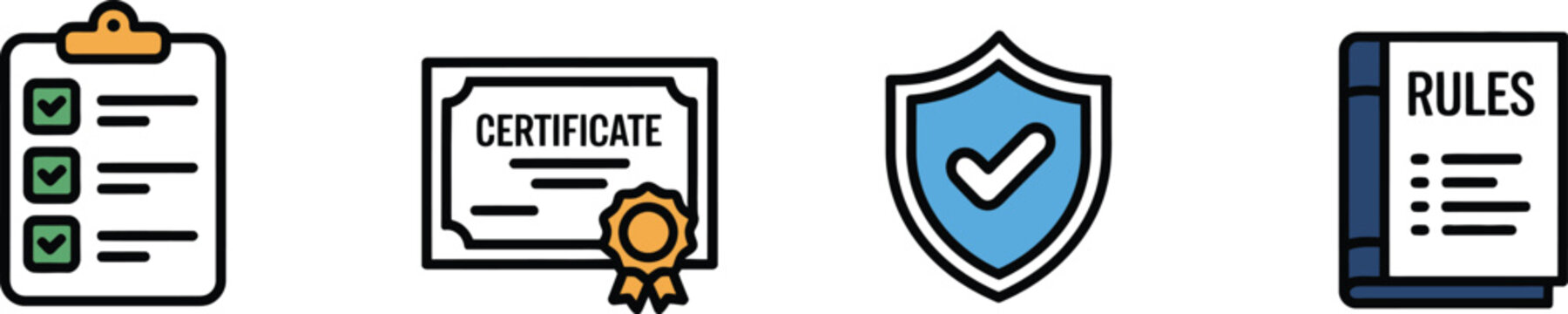 Four colorful icons representing documents certificate security and rules on transparent background

