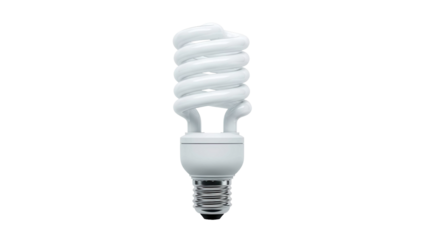 White energy-saving spiral light bulb stands upright, cut out, stock png, isolated on transparent background