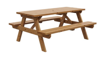 Wooden picnic table with attached benches, cut out, stock png, isolated on transparent background