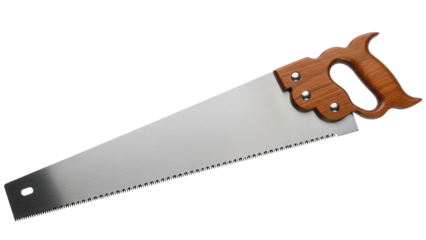 Classic hand saw with a sharp metal blade and wooden handle, cut out, stock png, isolated on transparent background