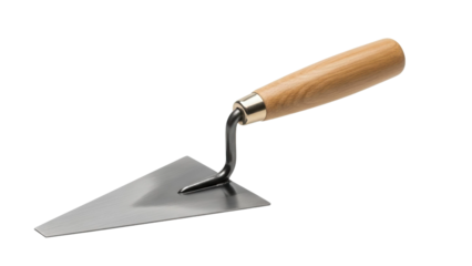 Masonry trowel with wooden handle for construction work, cut out, stock png, isolated on transparent background