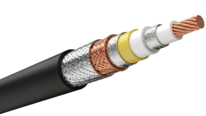 Detailed cross-section of a multi-layered electrical cable showcasing its intricate construction with various protective and conductive elements.