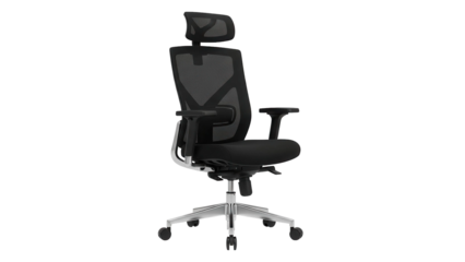 Black ergonomic office chair with mesh back and headrest, cut out, stock png, isolated on transparent background