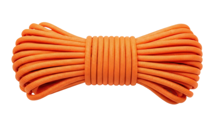 Orange climbing rope neatly coiled for adventure and safety, cut out, stock png, isolated on transparent background