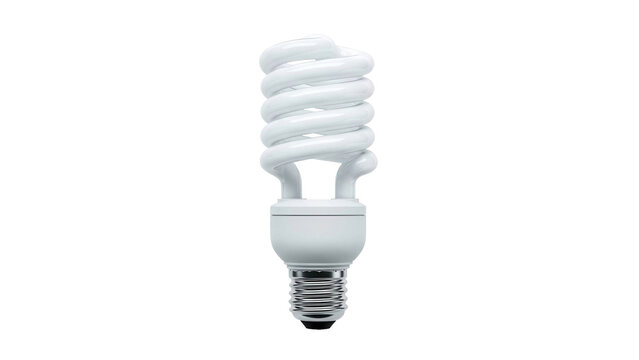 White energy-saving spiral light bulb stands upright, cut out, stock png, isolated on transparent background