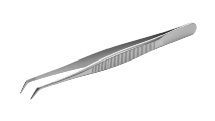 Precision medical surgical tweezers, angled tips, silver metallic tool, cut out, stock png, isolated on transparent background