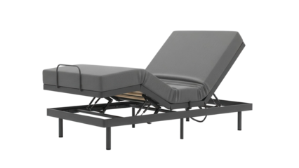 Adjustable bed with gray mattress in an elevated position, cut out, stock png, isolated on transparent background