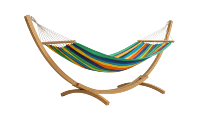 Colorful striped hammock with wooden stand ready for relaxation, cut out, stock png, isolated on transparent background