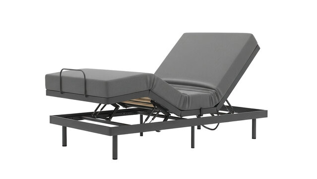 Adjustable bed with gray mattress in an elevated position, cut out, stock png, isolated on transparent background