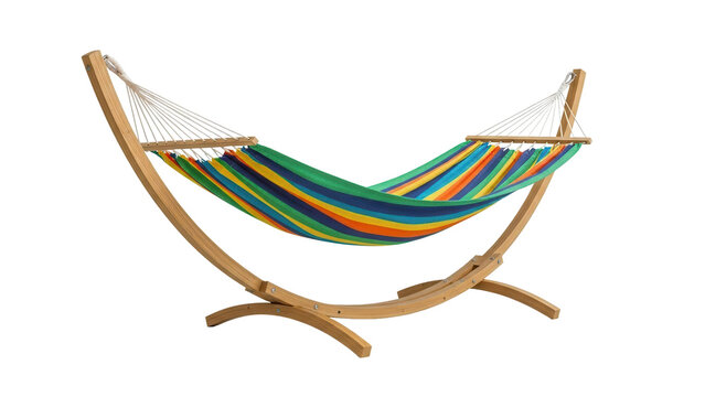 Colorful striped hammock with wooden stand ready for relaxation, cut out, stock png, isolated on transparent background