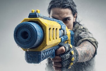 first person shooter game character with toy gun