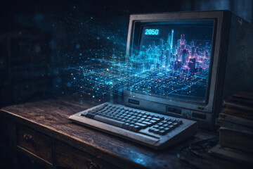 Vintage PC with City Skyline Projected: An aged computer, its screen displaying a vibrant city skyline and the year 2050, embodies the intersection of past and future technology.