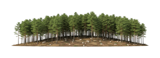 Dense forest of tall pine trees stands on a small patch of earth, showcasing natural beauty and the impact of logging with scattered cut logs.