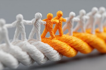 Connection between teamwork and unity illustrated by creative figures on intertwined threads representing collaboration and support in a minimalist design